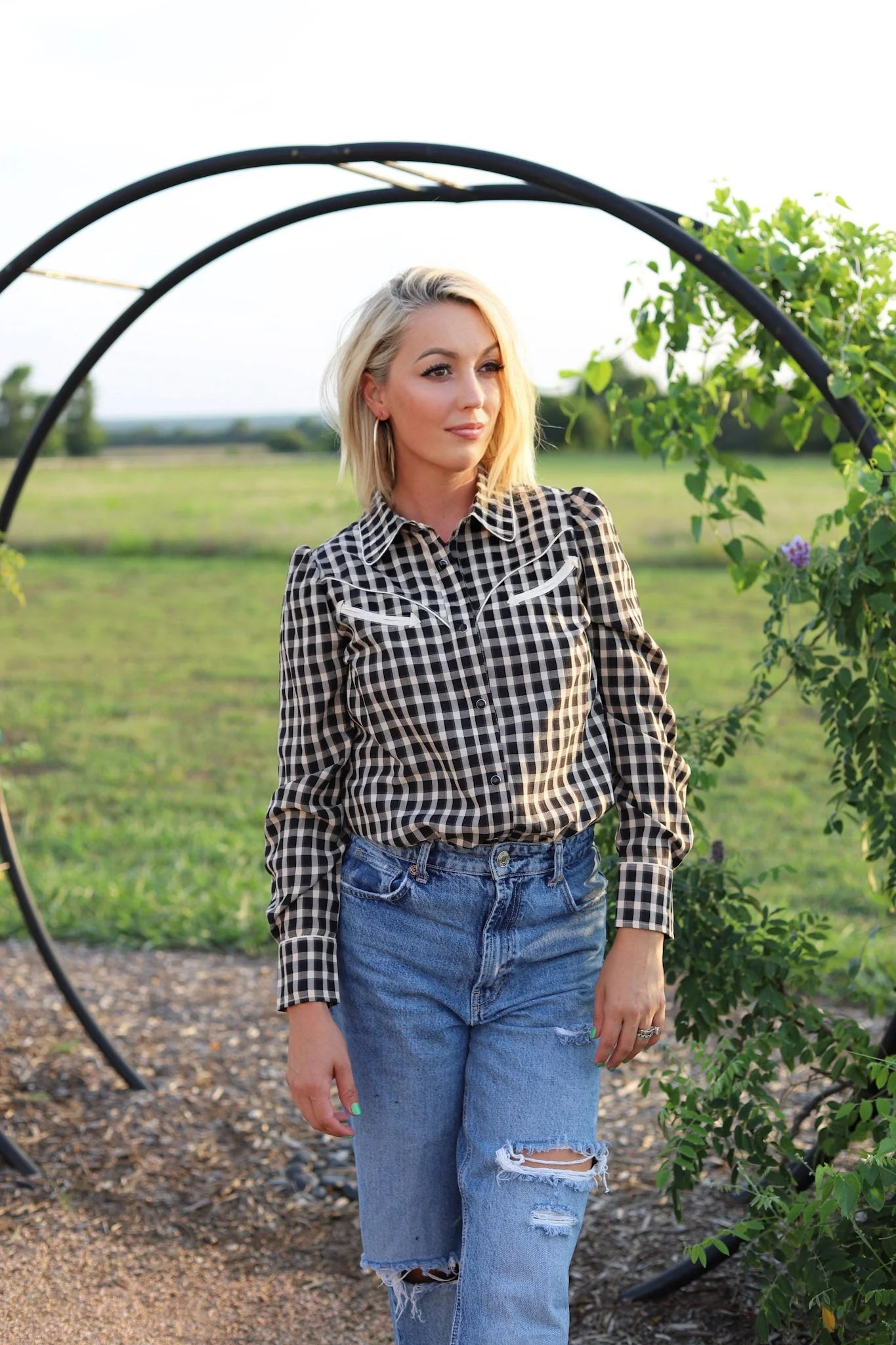 Howdy Hanny Gingham Puff Sleeve Pearl Snap Blouse Elegant Lace Blouse