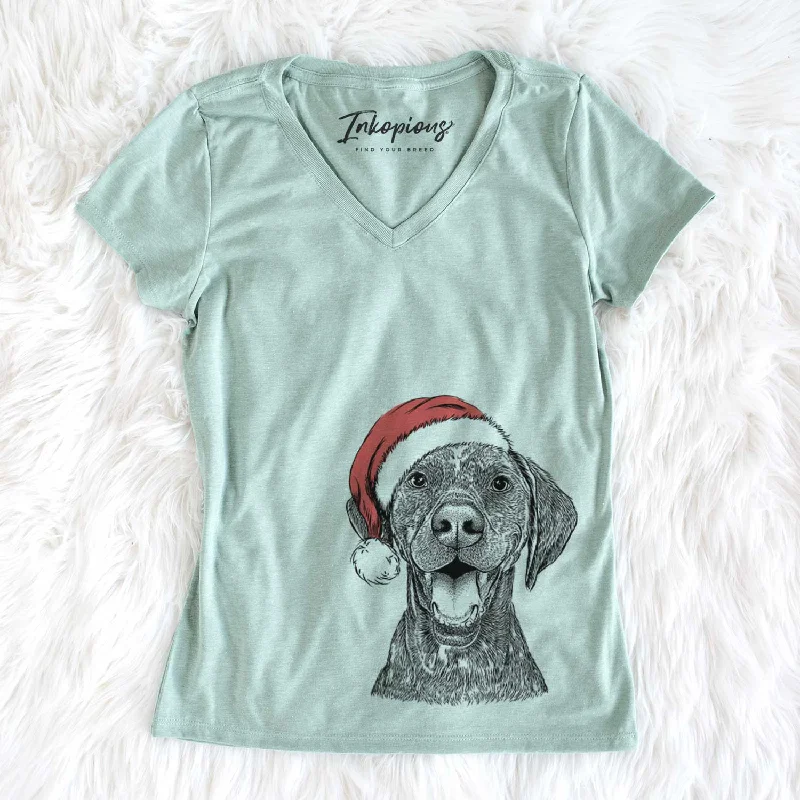 Santa Hudson the German Shorthaired Pointer - Women's V-neck Shirt-- Denim Fabric Leather Fabric Suede Fabric