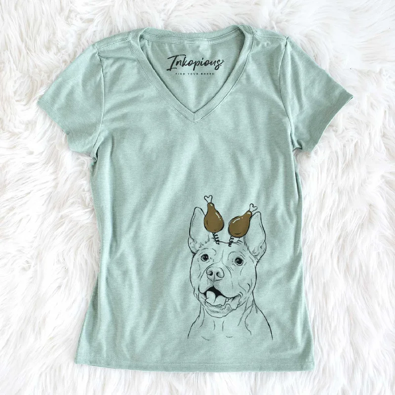 Thanksgiving Harley the Pitbull - Women's V-neck Shirt-- Elasticated Padded Insulated