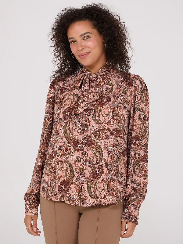 Paisley Print Button-Front Bow Blouse Bell Sleeve Blouse