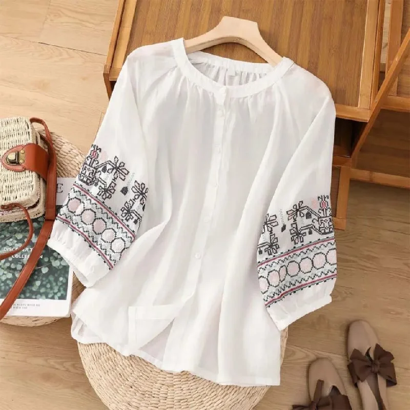 Women's Boho Embroidered Cotton Linen Blouse Vintage Sleeve Summer Tops XL 433301 Collared Satin Blouse