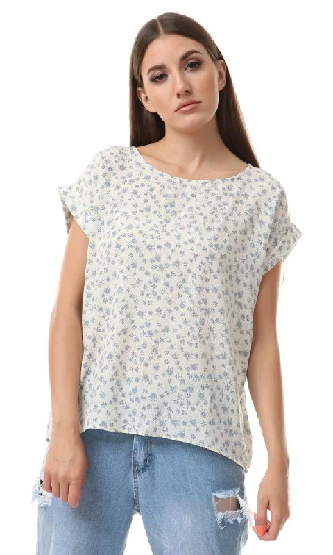 57084 Bi-Tone Floral Loose White & Docside Blue Blouse Playful Puff Blouse