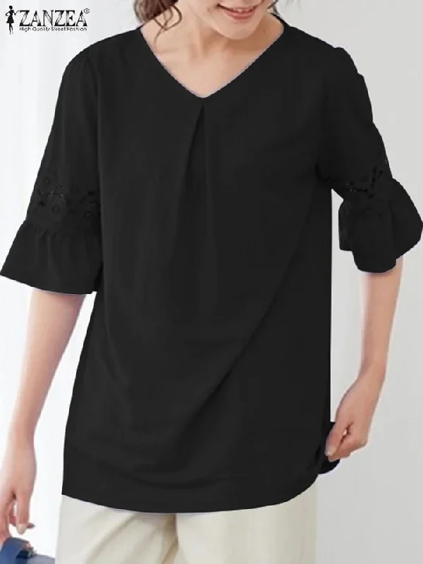 ZANZEA Women's Flare Sleeve Hollow Out Blouse 5XL S4682852 Boho Chic Blouse