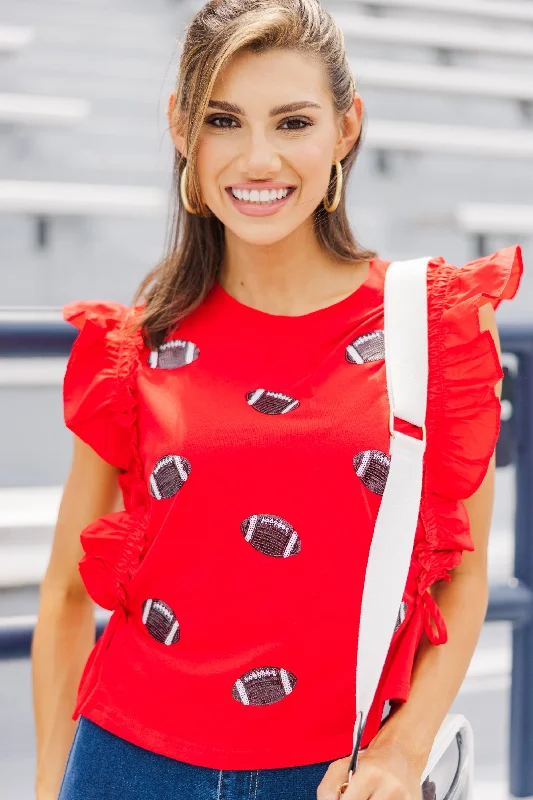 Cheer You On Red/Black Sequin Football Blouse Collared Satin Blouse
