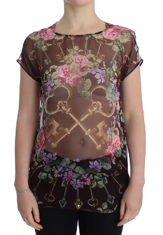 Dolce & Gabbana Elegant Floral Silk Blouse with Cap Women's Sleeves Double-Layered Blouse