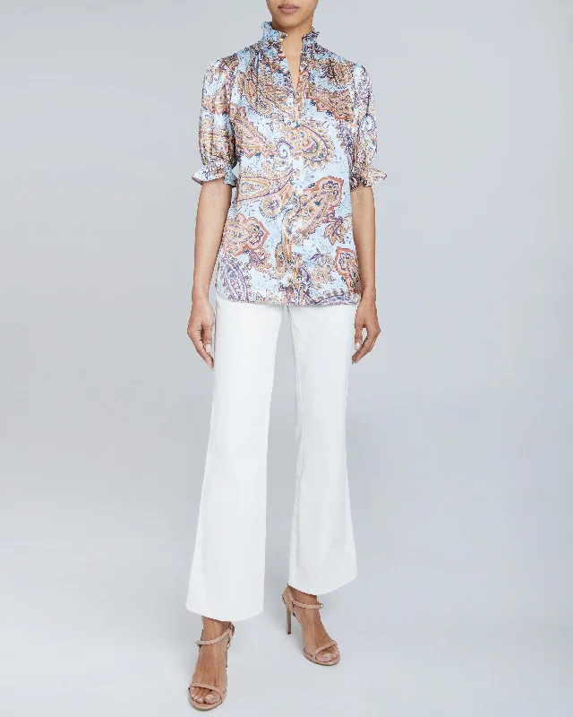 ELISA Ruffle Neck Short Sleeve Blouse in Printed Silk Charmeuse Silky Draped Blouse