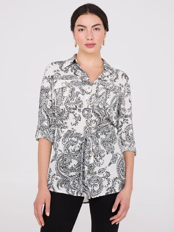 Paisley Print Chiffon Belted Tunic Blouse Casual Relaxed Blouse