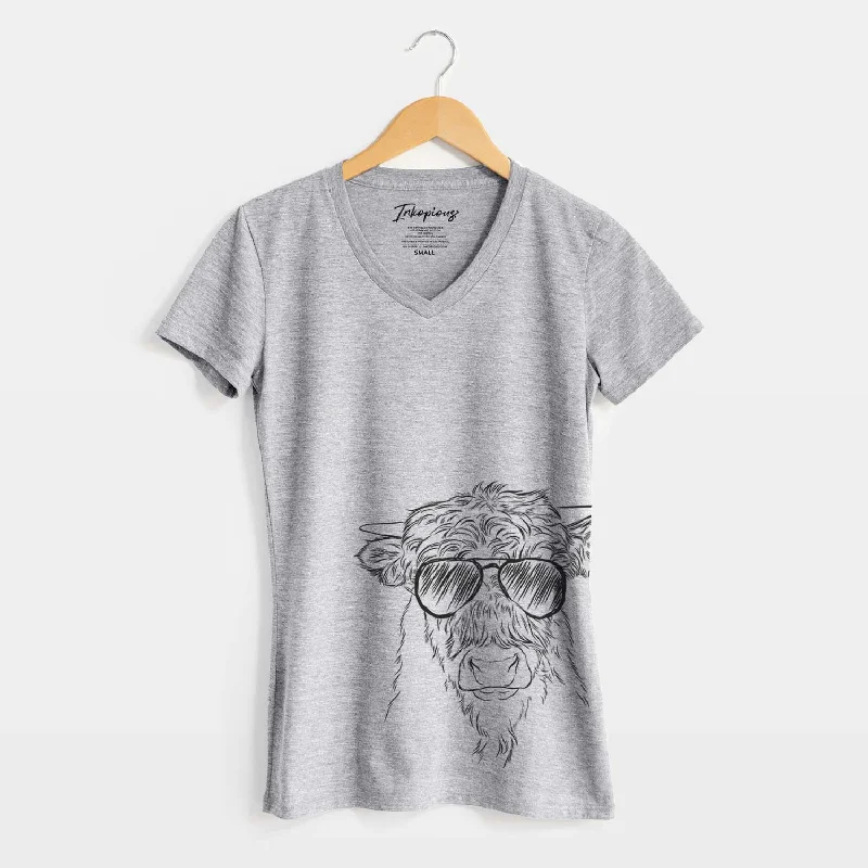 Aviator Mack the Scottish Highland Cow - Women's V-neck Shirt-- Rayon Fabric Velvet Fabric Corduroy Fabric