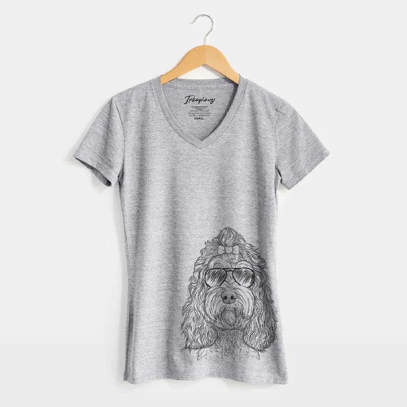 Aviator Chloe the Cockapoo - Women's V-neck Shirt-- Satin Fabric Silk Fabric Chiffon Fabric