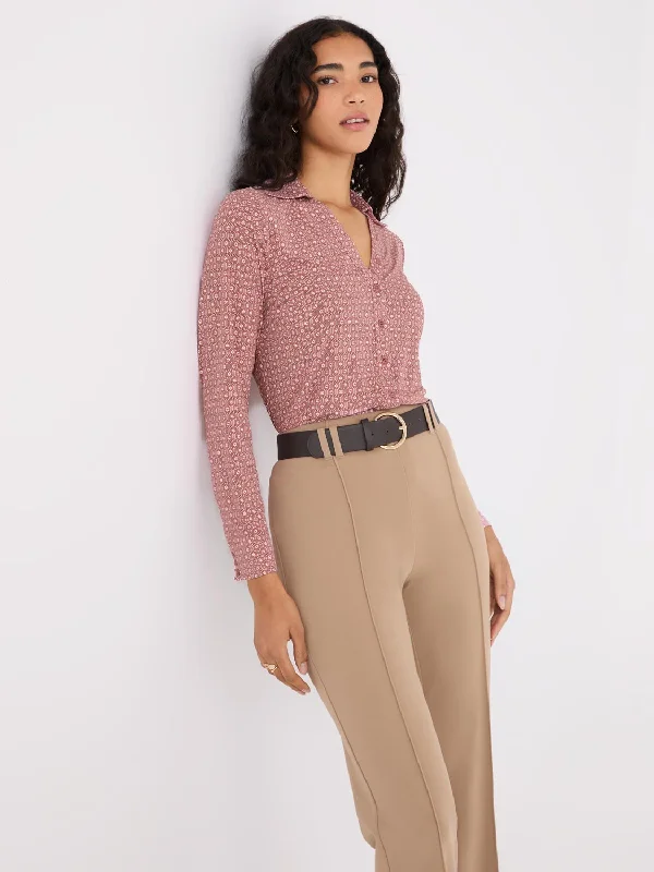 Printed Split Neck Button-Down Blouse Subtle Shimmer Blouse