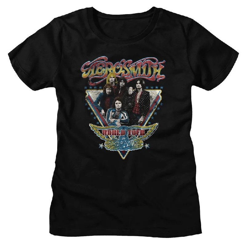Women Exclusive AEROSMITH T-Shirt, World Tour-- V-Neck T-Shirt Long Sleeve Cotton