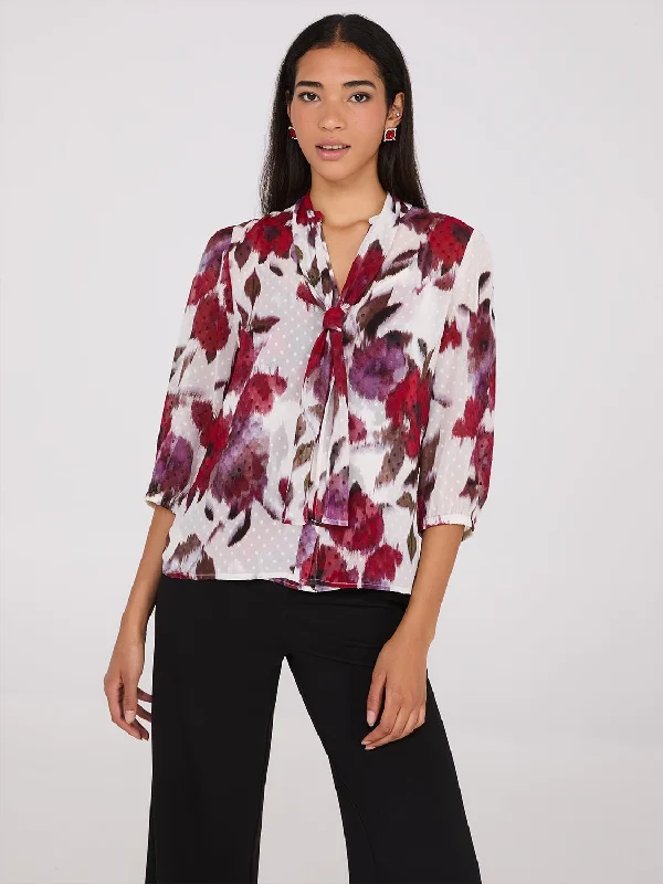 Floral Print Chiffon Tie Neck Blouse Chic Sleeveless Blouse