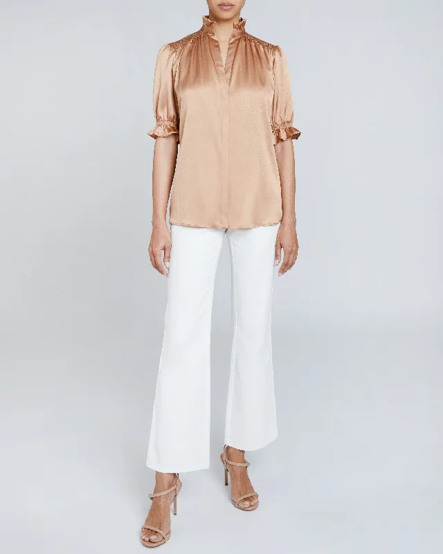 ELISA Ruffle Neck Short Sleeve Silk Blouse Satin Drape Blouse