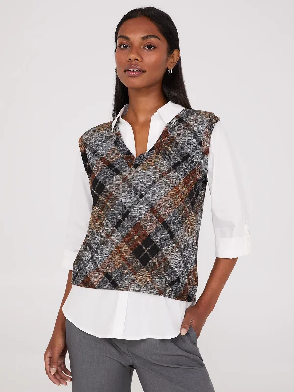 2-Fer Plaid Vest With Blouse Feminine Puff Blouse