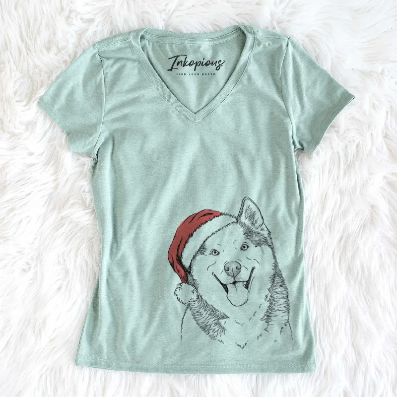 Santa Teak the Siberian Husky - Women's V-neck Shirt-- Terry Blend Velvet Blend Canvas Blend