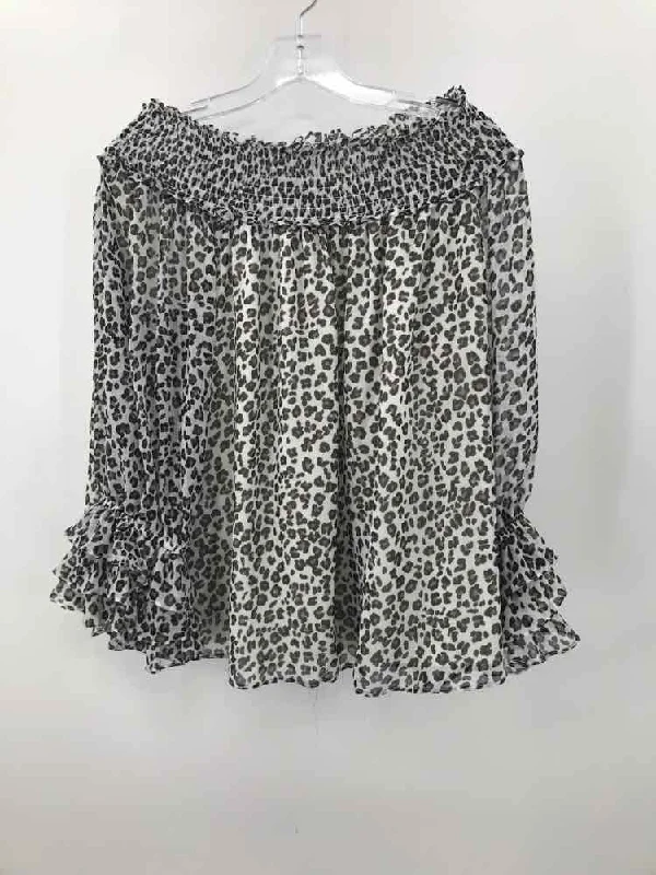 Pre-Owned CeCe White Size Large Printed Long Sleeve Blouse Frilled Cuff Blouse