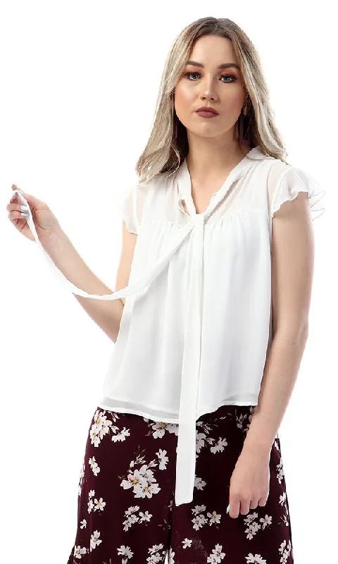 57124 Simple Cape Sleeves Lace Up Neck White Blouse Floral Print Blouse