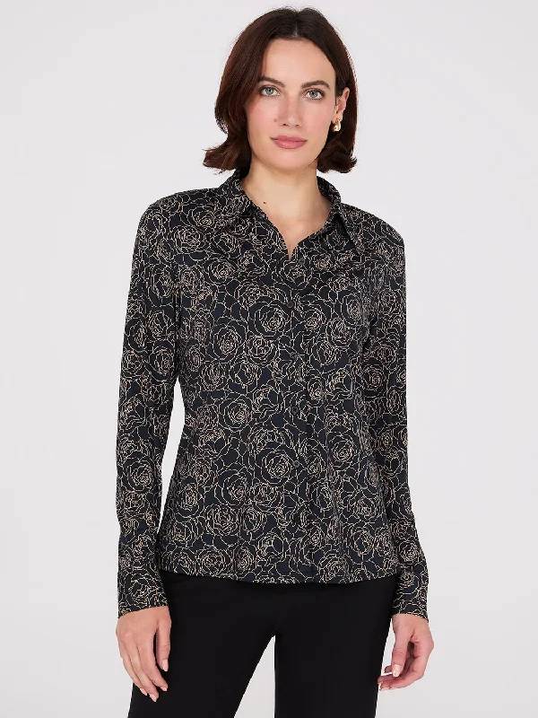Rose Print Button-Front Classic Blouse Lightweight Floral Blouse