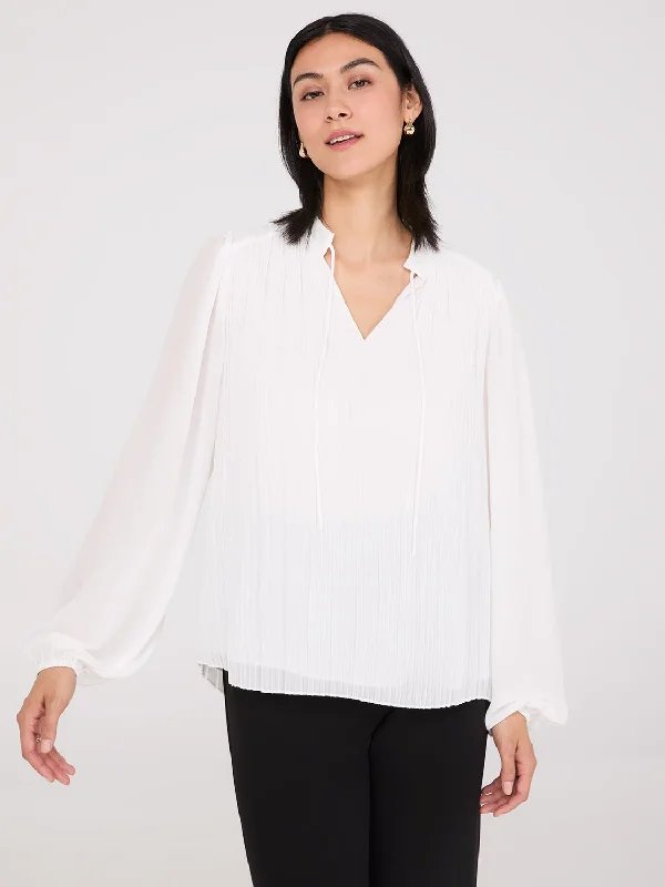 Pleated Chiffon Split Neck Blouse Loose Fit Blouse