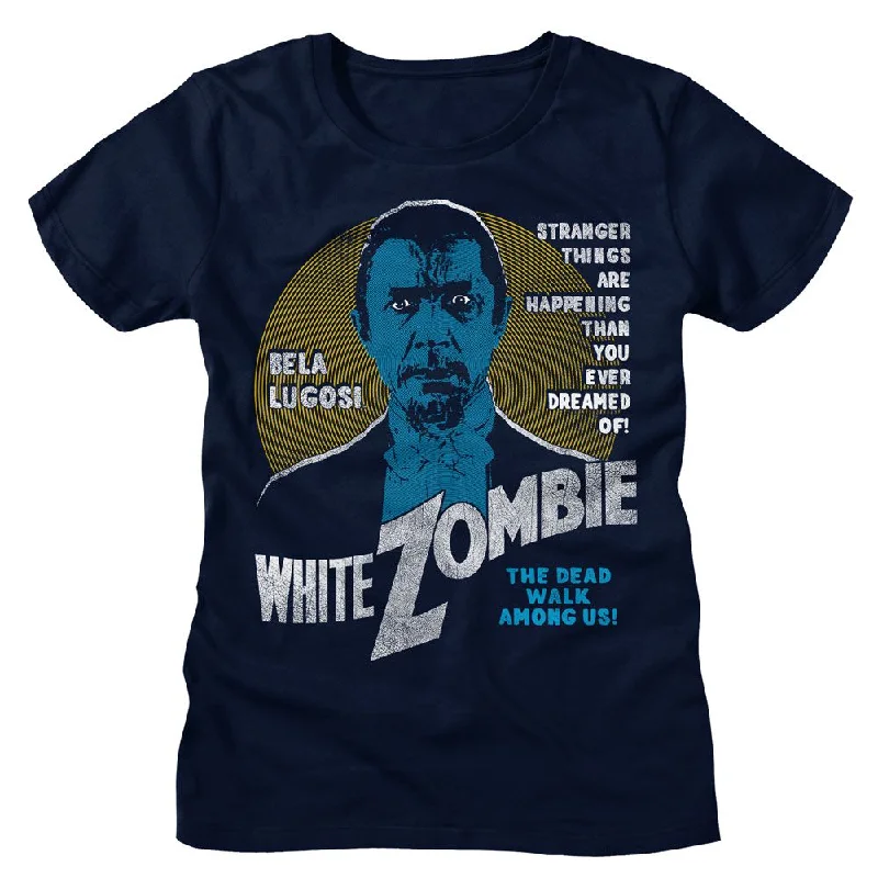 Women Exclusive BELA LUGOSI T-Shirt, White Zombie-- Collared T-Shirt Boat Neck A-Line