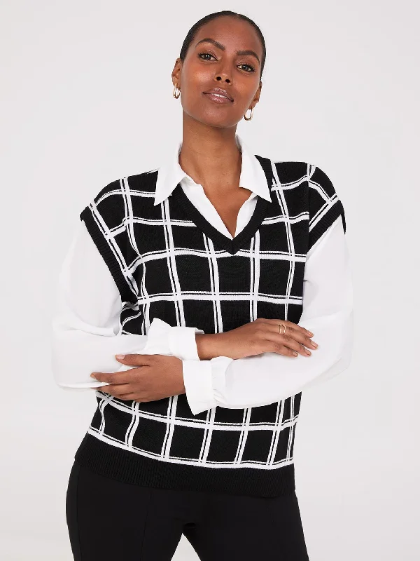 2-Fer Windowpane Print Vest With Blouse Polished Work Blouse