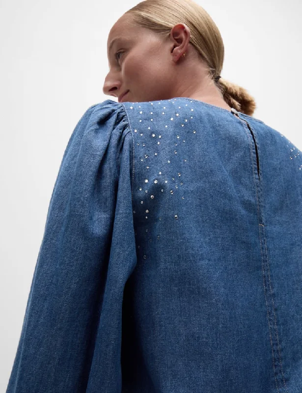 Pure Cotton Denim Embellished Blouse Business Casual Blouse