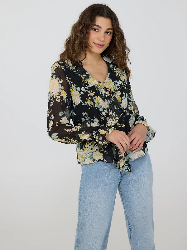 Floral Print Ruffle V-Neck Popover Blouse Soft Knit Blouse