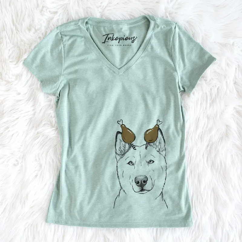 Thanksgiving London the Siberian Husky - Women's V-neck Shirt-- Sequined Glittery Shiny