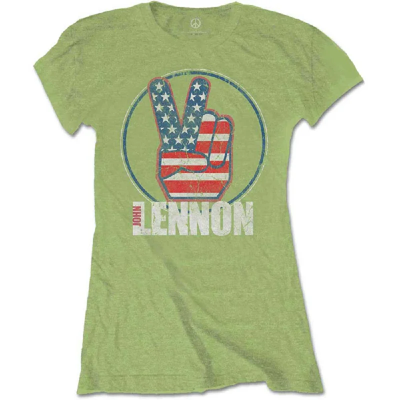 JOHN LENNON T-Shirt for Ladies, Peace Fingers Us Flag-- Boxy Fit Fitted Loose