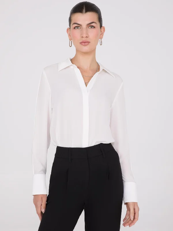 Chiffon Button-Front Blouse With Satin Details Relaxed Fit Blouse