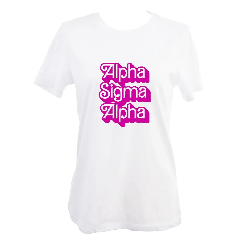 Alpha Sigma Alpha T-Shirt- Retro Dolly Sorority Name Design, Relaxed Fit-- Mesh Canvas Denim