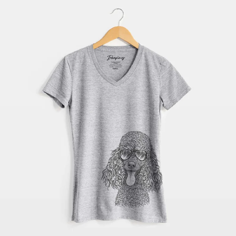 Aviator Teddy the Mini Poodle - Women's V-neck Shirt-- Front Pockets Side Pockets Patch Pockets