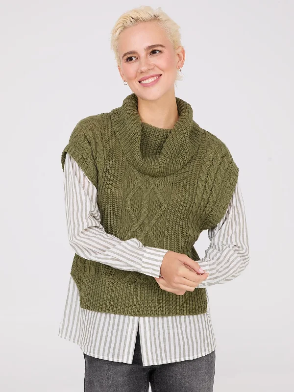 2-Fer Cable Knit Vest With Striped Blouse Flowy Bohemian Blouse