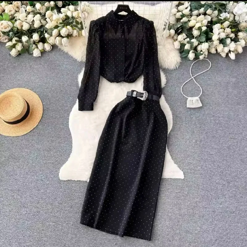 Women's Black Two-Piece Set Blouse Shirt And Belt Long Split Skirt Suit 518513 L Office-Ready Blouse
