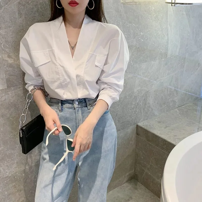 New V-Neck Collar Women's White Blouse M 121699 Boho Printed Blouse