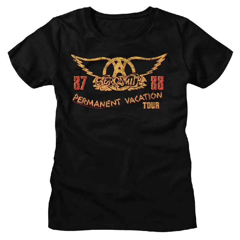 Women Exclusive AEROSMITH T-Shirt, Pv Tour 87 88-- Notch Collar Peter Pan Collar Cowl Neck