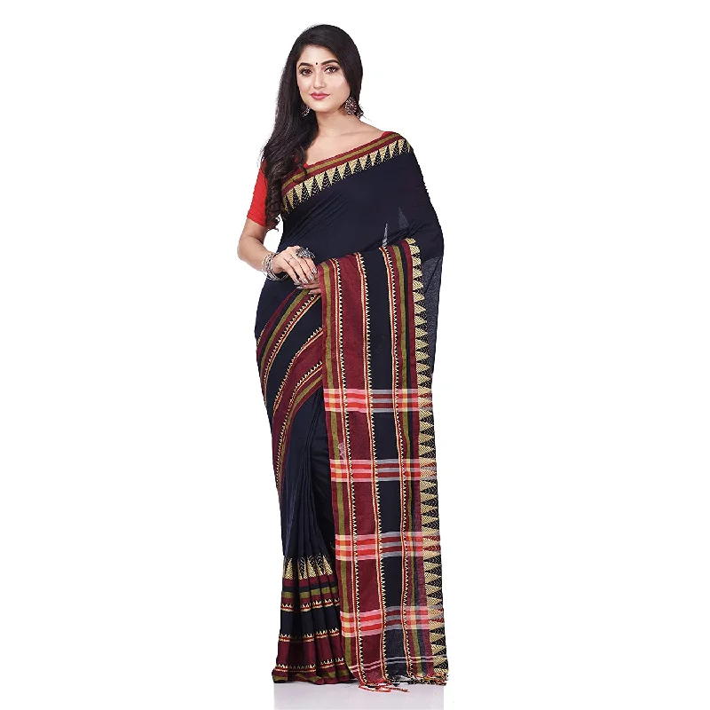 Desh Bidesh Women's Traditional Bengali Mandir Designed Pure Handloom Cotton Saree With Blouse Piece Balloon Sleeve Blouse