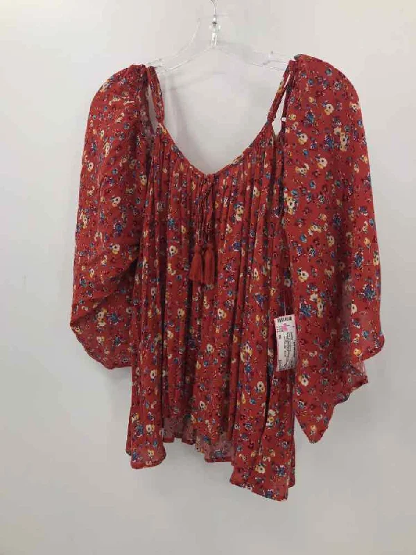 Pre-Owned Socialite Red Size XS Floral Long Sleeve Blouse Soft Satin Blouse