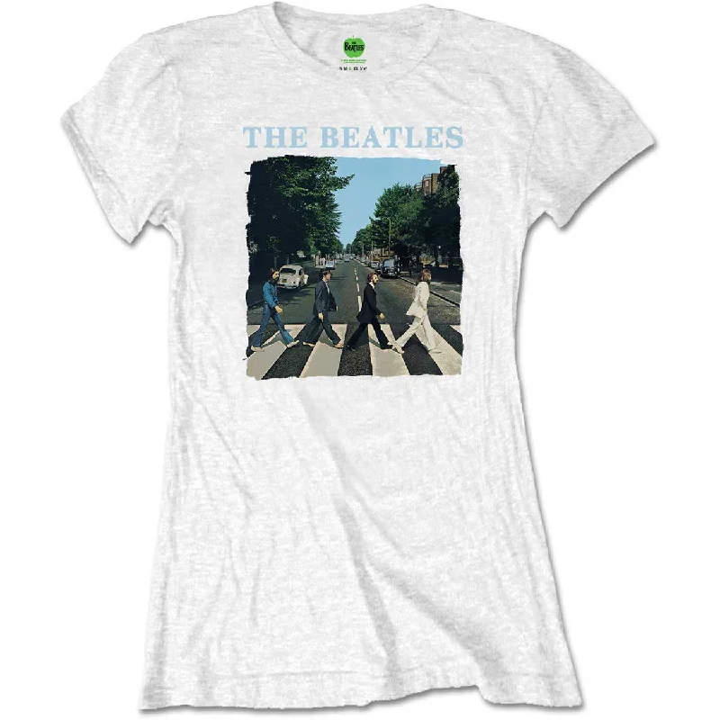 THE BEATLES T-Shirt for Ladies, Abbey Road & Logo-- Mesh Canvas Denim