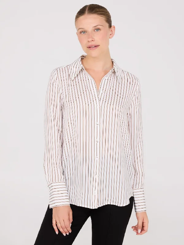 Satin Striped Button-Front Blouse Delicate Bow Blouse