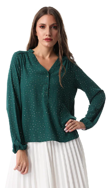 54318 Dark Green Cool Buttoned Blouse Office Formal Blouse