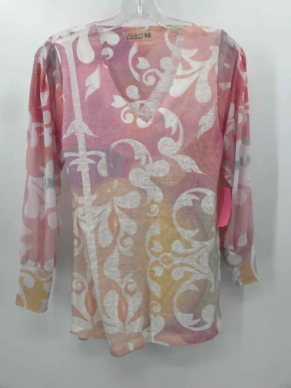 Pre-Owned Atelier5 Pink Size XS Printed Multicolor Long Sleeve Blouse Classic White Blouse