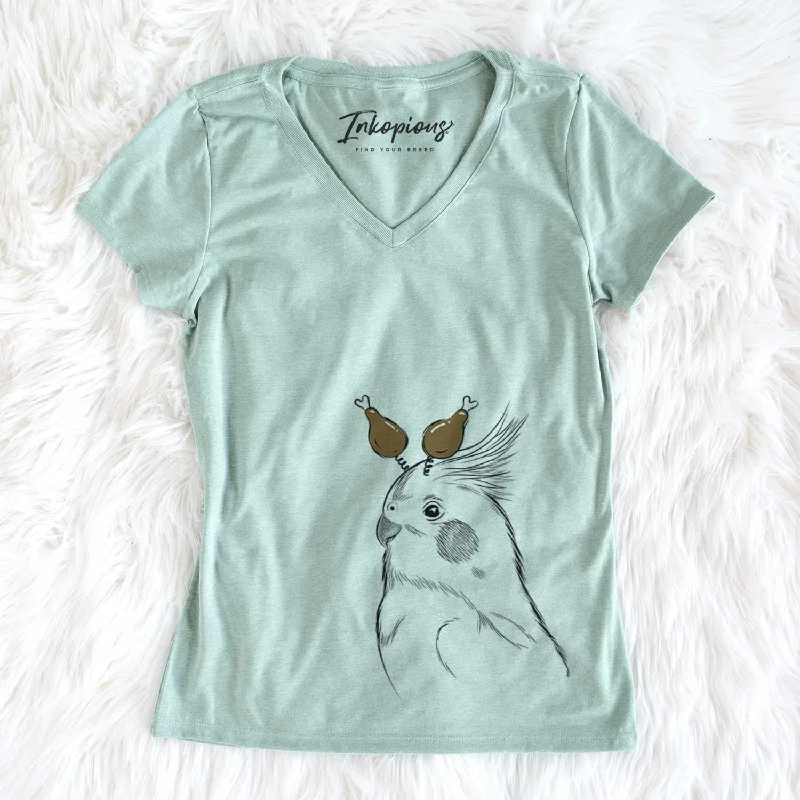 Thanksgiving Charlie the Cockatiel - Women's V-neck Shirt-- Denim Fabric Leather Fabric Suede Fabric