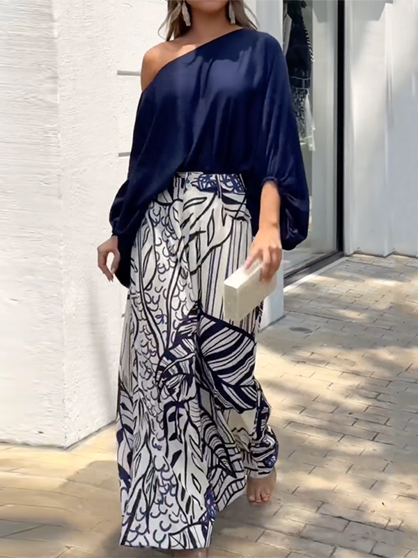 Loose Puff Sleeves Solid Color Off-The-Shoulder Blouses& Printed Pants Two Pieces Set M 132821 Elegant Office Blouse