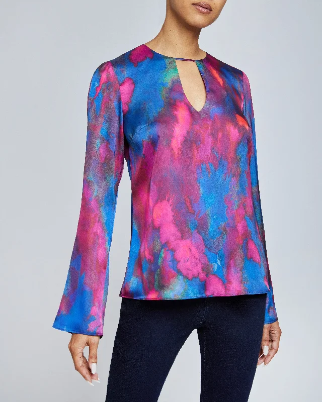 NOA Long Sleeve Keyhole Blouse in Abstract Printed Charmeuse Lightweight Chiffon Blouse