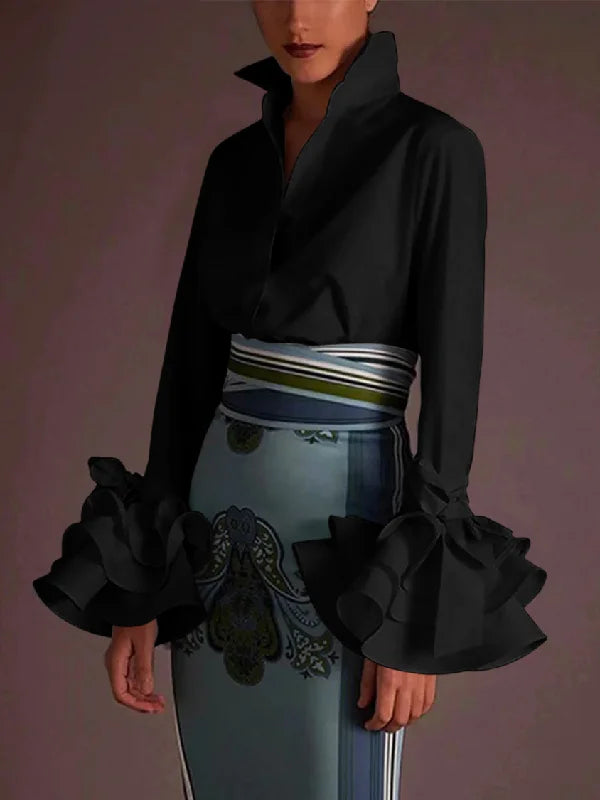 Flared Sleeves Bow-Embellished Falbala Solid Color Lapel Blouses&Shirts Tops 115238 Vintage Polka Blouse