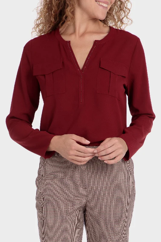 Blouse with pockets Embellished Collar Blouse