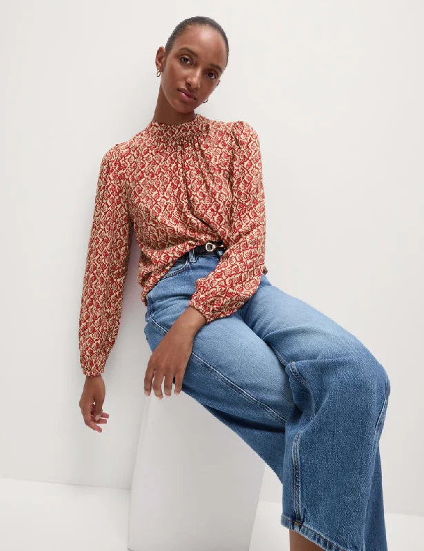 Printed High Neck Blouse Elegant Peplum Blouse