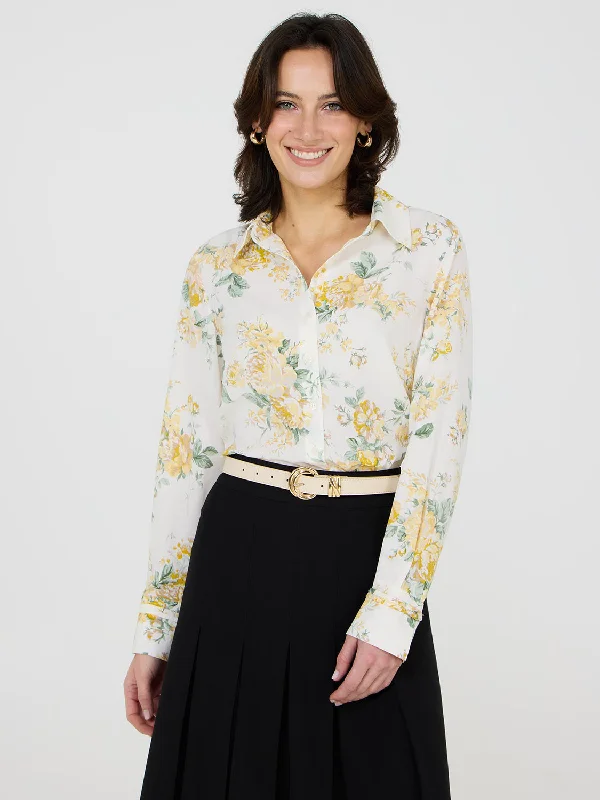 Floral Print Crepe Button-Front Blouse Sheer Sleeve Blouse