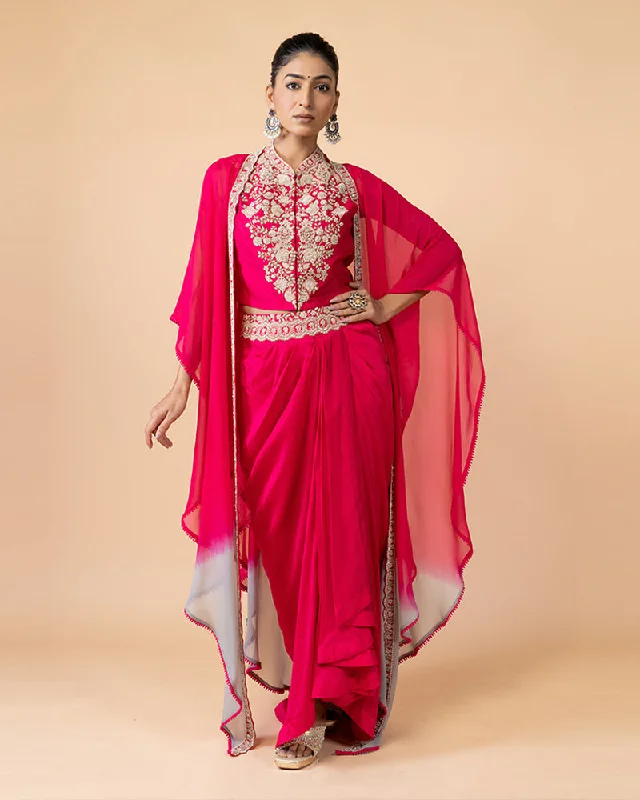 Pink Draped Skirt with Heavy Work Blouse and Shrug Drape Neck Blouse